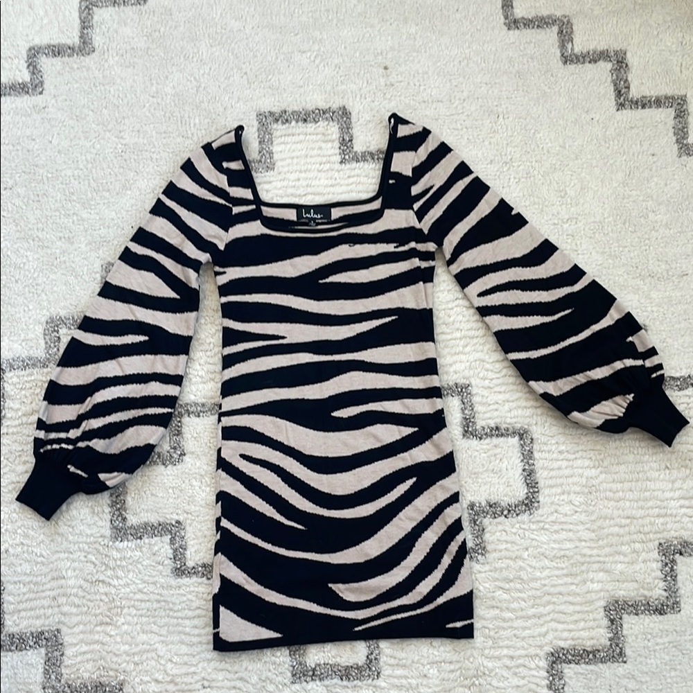 Lulus Zebra Print Long balloon sleeve mini dress NWOT